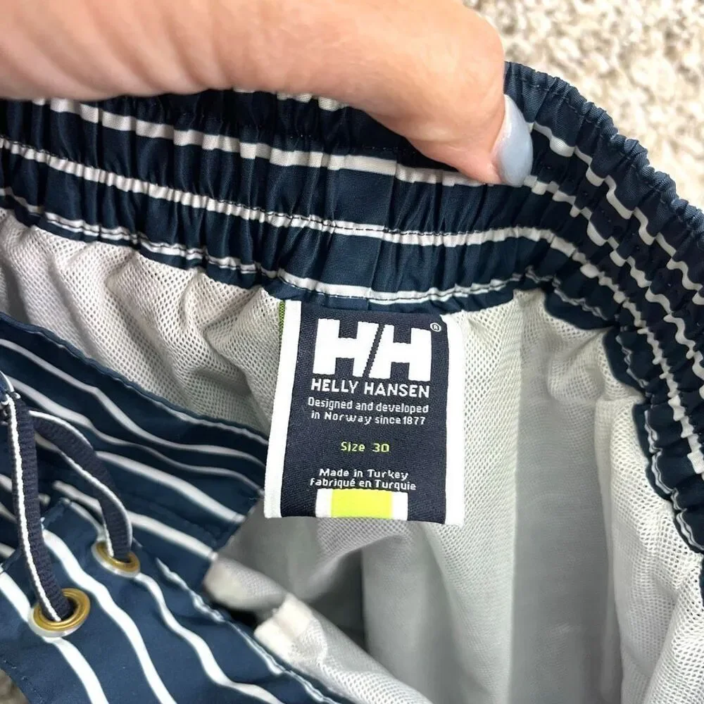 Helly Hansen Swim Trunks Men’s 30‎ Navy Blue, Red and White Striped 8”
